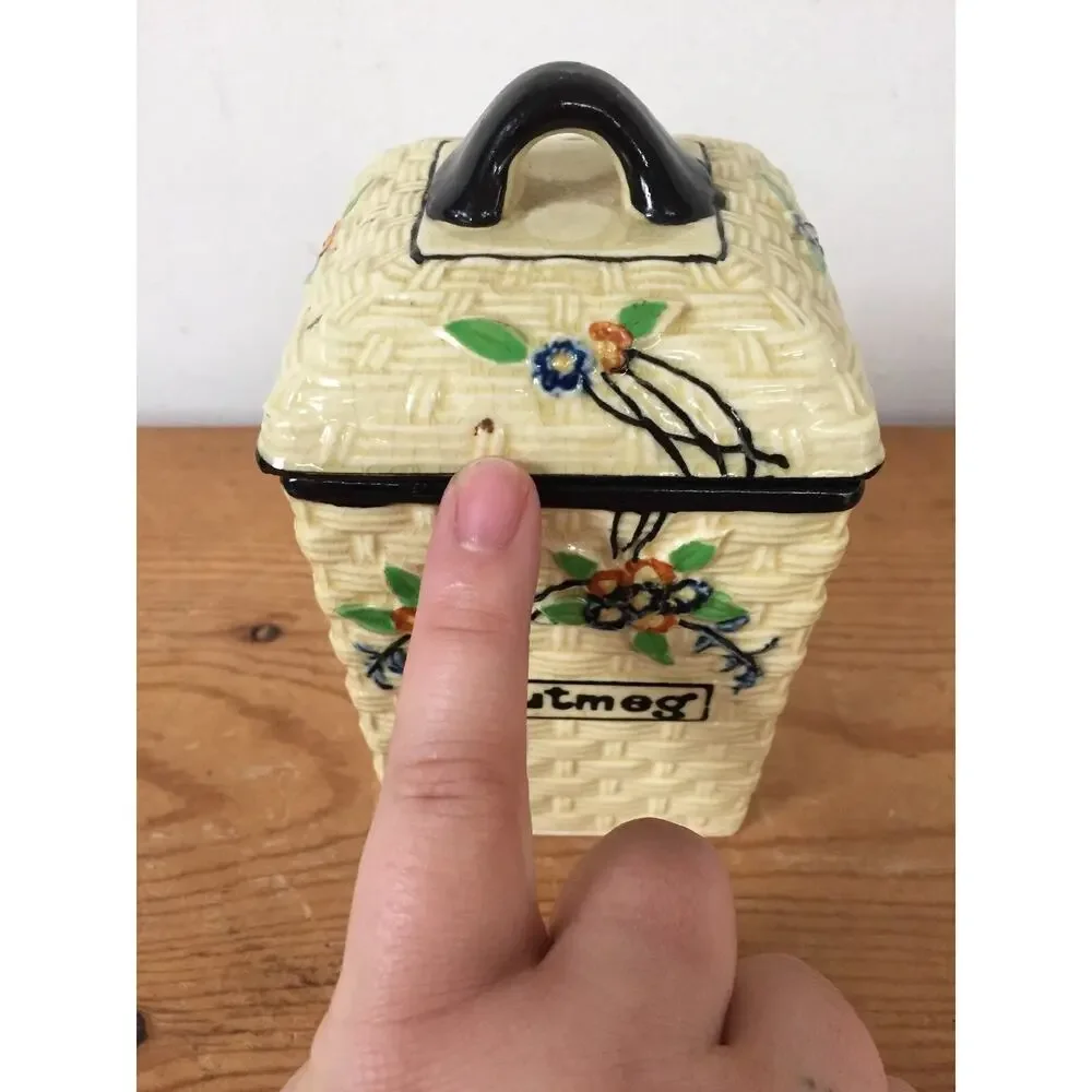 Vintage Hotta Yu Shoten Japanese Japan Basketweave Majolica Nutmeg Spice Jar